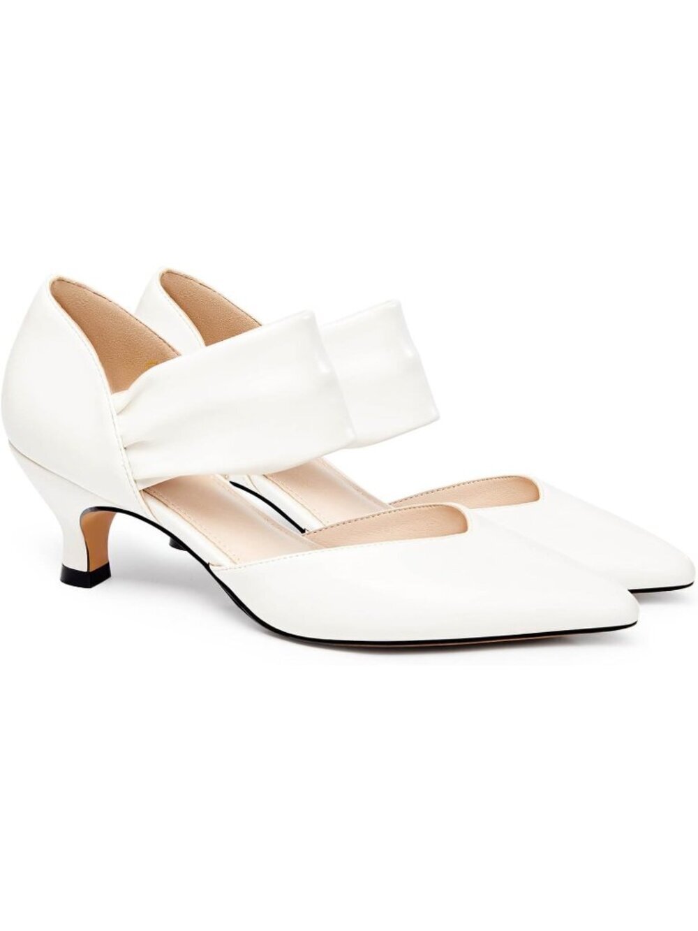 Women's Beige Low Kitten Heel Pointed Toe Slip On Ankle Strap Shoes